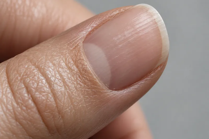 Macro de profil d'un ongle naturel de pouce sans vernis dont la surface présente de légères ondulations transversales visibles en lumière rasante, fond uni gris clair, aucun visage, aucun texte