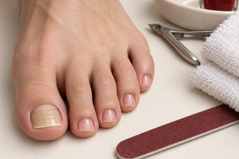 Macro d'un pied posé sur une serviette blanche, ongle du gros orteil propre et coupé droit, bassine d'eau tiède floue à l'arrière, lumière naturelle douce, aucun visage, aucun texte, aucune lésion visible