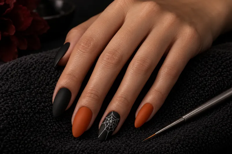 Macro d'une main posée sur une serviette noire, ongles amande en semi-permanent noir mat et orange brûlé, une toile d'araignée blanche fine sur l'annulaire, pinceau liner posé à côté, lumière rasante chaude, fond sombre uni, aucun visage