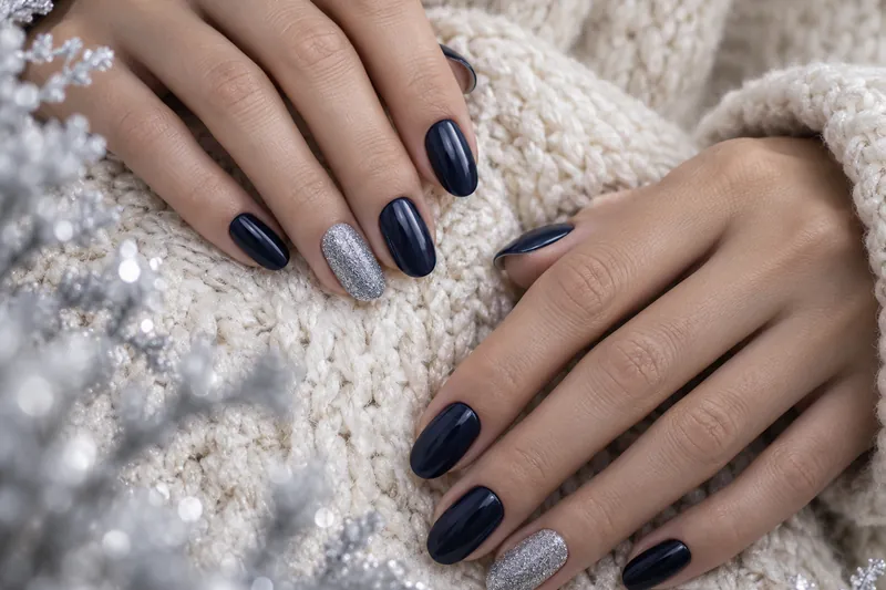Macro de deux mains posées sur un pull en grosse maille écru, ongles ovales en semi-permanent bleu nuit brillant, un ongle effet givré argenté, quelques cristaux de givre flous au premier plan, lumière froide et douce, aucun visage
