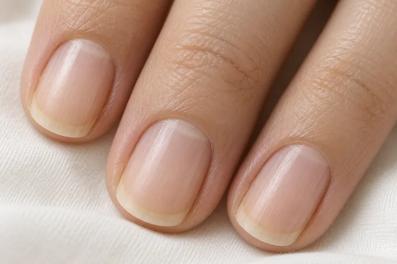 Macro de trois ongles naturels courts, sans vernis, légèrement jaunis au bord libre, posés sur un linge blanc, lumière naturelle douce, aucun visage, aucun texte