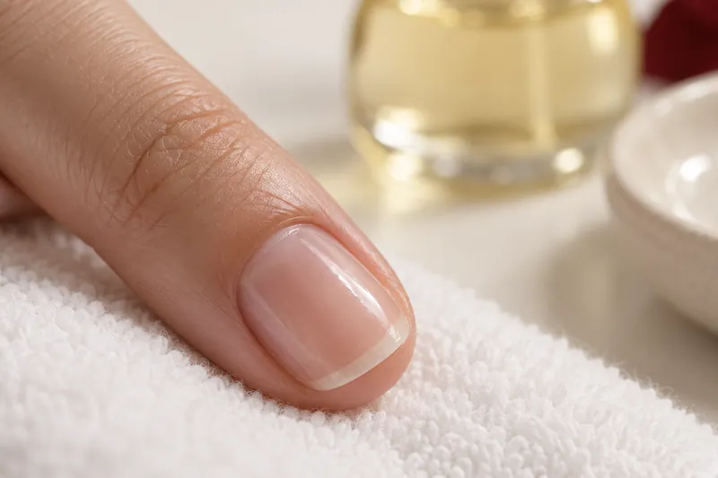 Macro d'un ongle naturel court et fin, légèrement translucide, sur un index posé sur une serviette en coton blanc, flacon d'huile sans étiquette flou à l'arrière, lumière douce, aucun visage, aucun texte