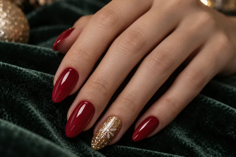 Macro d'une main posée sur un velours vert sapin, ongles amande en semi-permanent rouge profond brillant, un ongle doré pailleté et un flocon blanc fin sur l'annulaire, guirlande lumineuse floue en arrière-plan, aucun visage