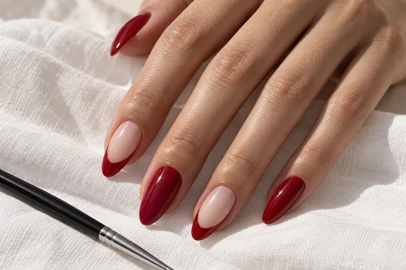 Macro d'une main posée sur un drap de coton blanc, ongles amande en semi-permanent rouge cerise brillant, deux ongles en french rouge sur base blanche laiteuse, un pinceau liner fin posé en diagonale, lumière naturelle franche, aucun visage