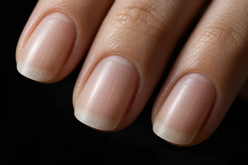 Macro rasante de trois ongles naturels nus sur fond uni encre, lumière latérale qui fait ressortir de fines stries longitudinales sur la tablette, cuticules propres, aucun vernis, aucun visage, aucun texte