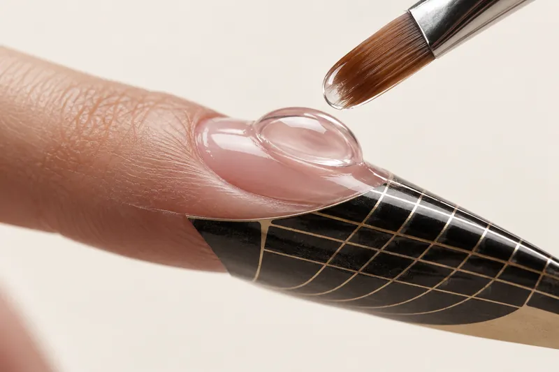 Macro de profil d'un index sur chablon, perle de gel de construction transparente déposée au centre de l'ongle, pinceau plat en suspension au-dessus, reflet de lumière sur la courbe de l'apex, fond uni ivoire