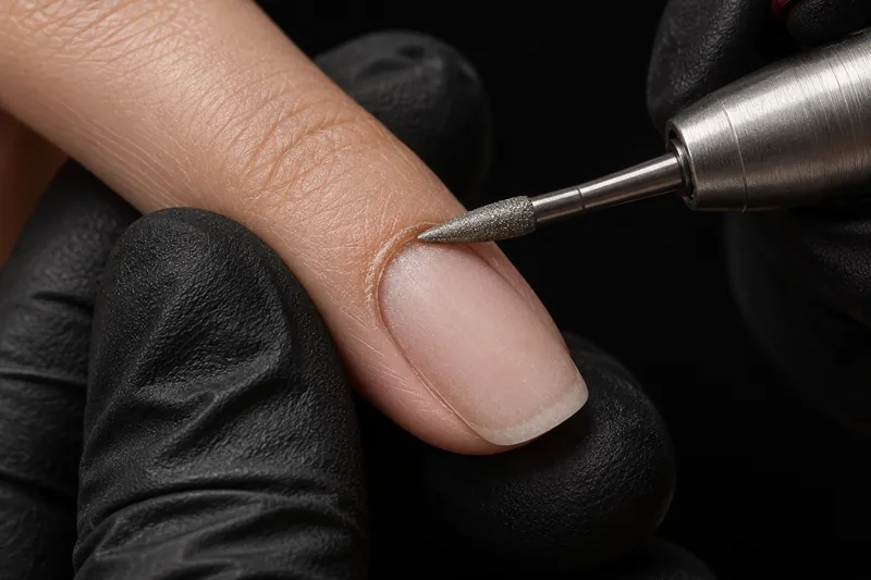 Macro de profil d'un index, embout flamme diamant fin posé à plat à la base de l'ongle, éponychium légèrement soulevé, tablette mate sans brillance, main gantée qui tient le doigt, fond uni encre, lumière rasante