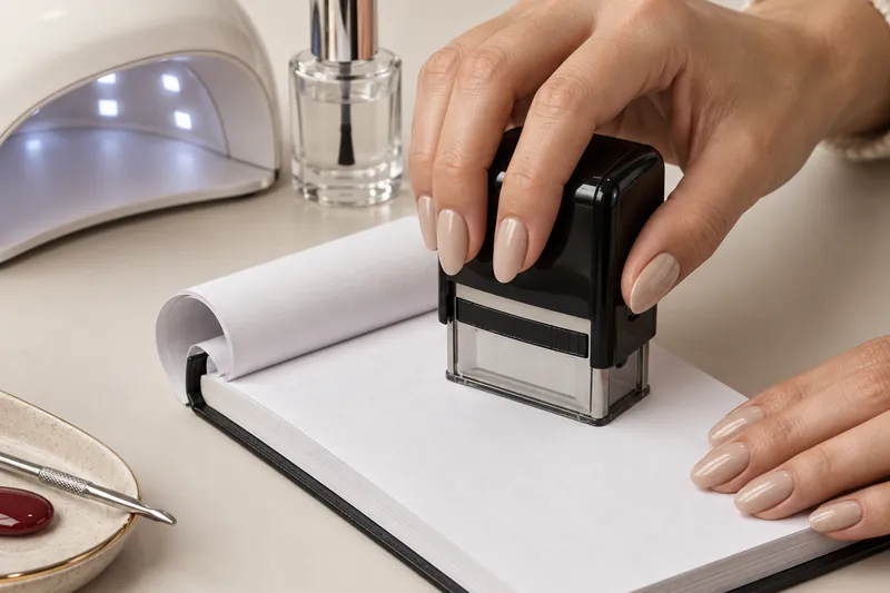 Macro d'une main aux ongles semi-permanent beige qui tamponne un carnet de factures vierge à côté d'une lampe LED compacte et d'un flacon de top coat, fond uni pierre, aucun visage, aucun texte lisible