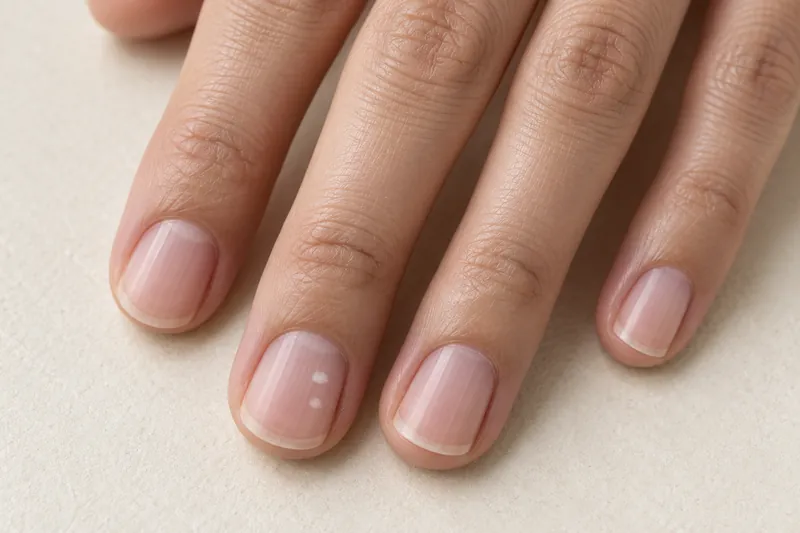 Macro d'une main posée à plat sur fond uni ivoire, ongles naturels courts sans vernis, deux petites taches blanches nettes sur l'ongle du majeur, lumière douce et latérale qui révèle la surface de la tablette, aucun visage, aucun texte