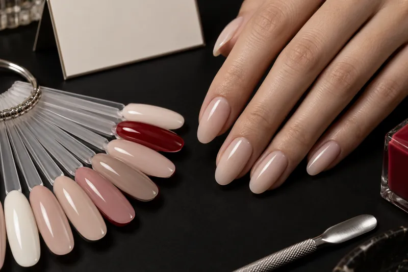 Photo macro sur fond uni encre d'une main aux ongles gainés nude posée à côté d'un nuancier de capsules colorées et d'une petite carte de prix vierge, sans visage