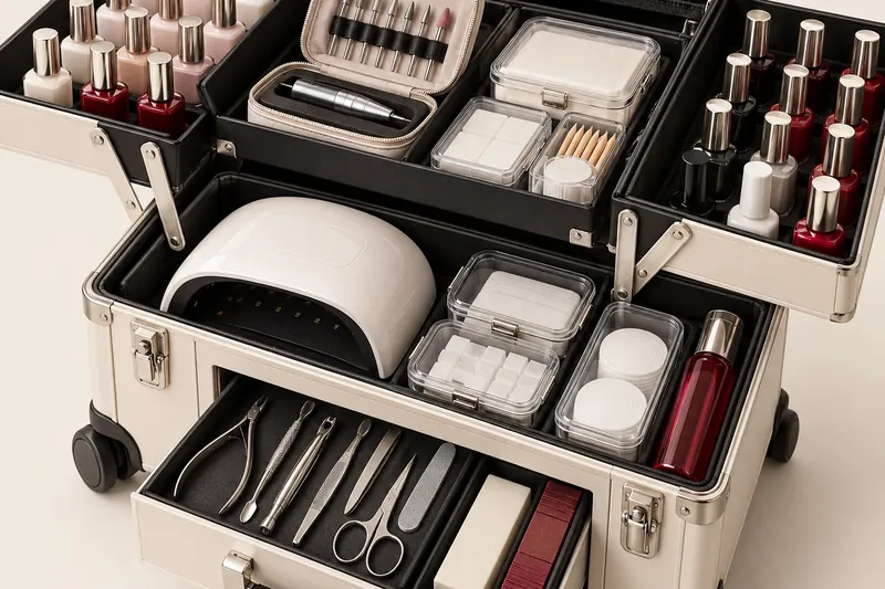 Macro d'une valise de manucure à roulettes ouverte sur fond uni clair, plateaux dépliés avec flacons de gel rangés debout, pochette d'embouts, lampe LED compacte pliée et boîtes hermétiques, aucune main, aucun visage, aucune marque