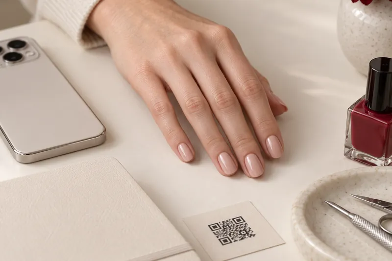 Macro d'une main aux ongles gainés nude posée sur une table de pose claire, à côté d'un smartphone retourné, d'un carnet de rendez-vous fermé et d'un petit QR code imprimé sur carton, lumière douce latérale, aucun visage