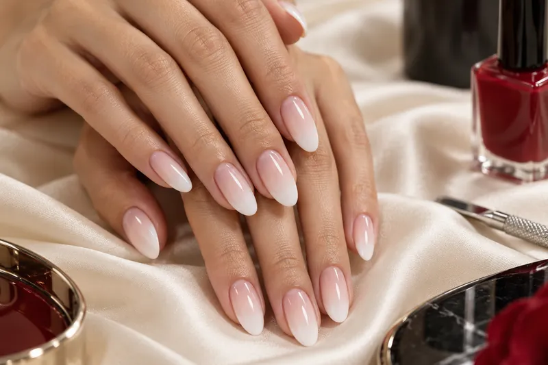 Macro de cinq ongles amande en baby boomer, dégradé nude rosé vers blanc laiteux sans ligne, éponge triangulaire et pinceau plat posés à côté, fond uni ivoire, aucun visage