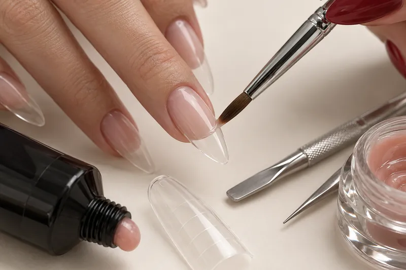 Macro de cinq ongles amande longs en gel nude laiteux vus en bout, courbe en C régulière, chablons papier et pinceau à gel posés à côté, fond uni ivoire, aucun visage