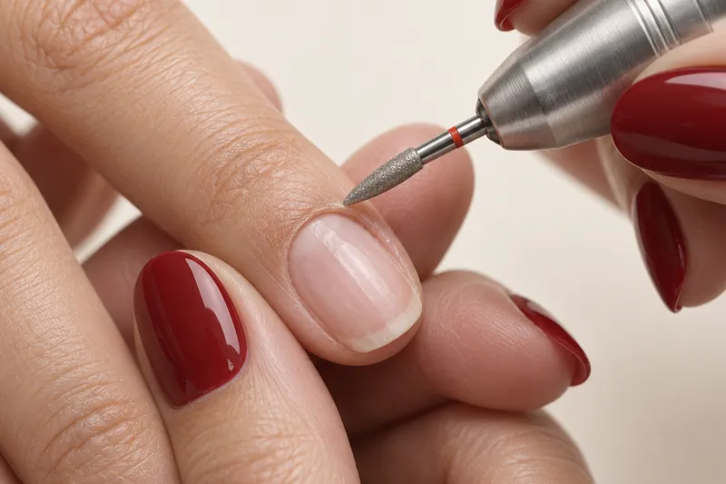 Macro d'une ponceuse à ongles tenue au-dessus d'un annulaire, fraise flamme diamantée posée à la base de l'ongle, peau nette, fond uni encre, éclairage latéral précis, aucun visage