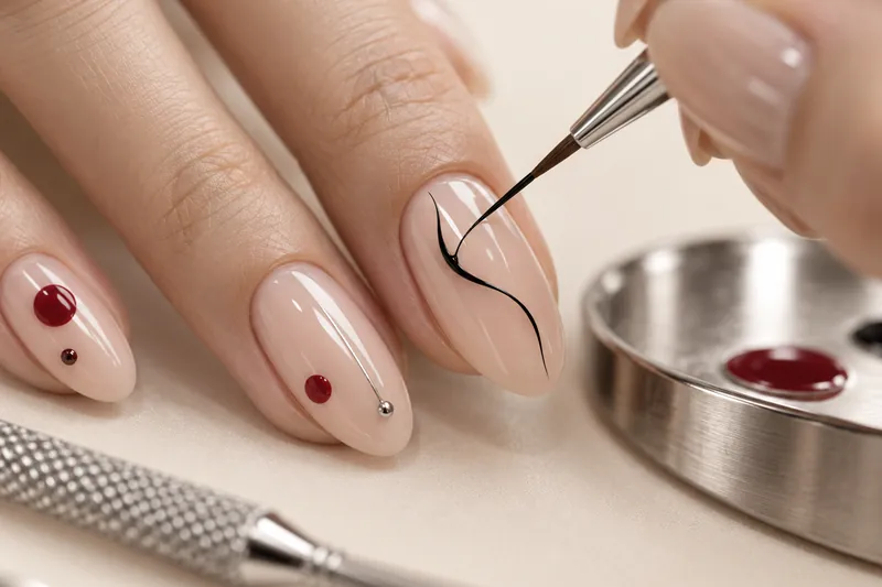 Macro de cinq ongles courts décorés, effet pull crème en relief, fleur fine au liner, chrome argent, pinceaux liner et dotting posés à côté, fond uni encre, aucun visage