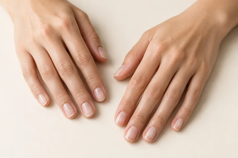 Macro de deux mains posées à plat sur fond uni ivoire, ongles naturels courts et nus, propres, lumière douce et naturelle qui révèle la surface des ongles, aucun visage, aucun texte
