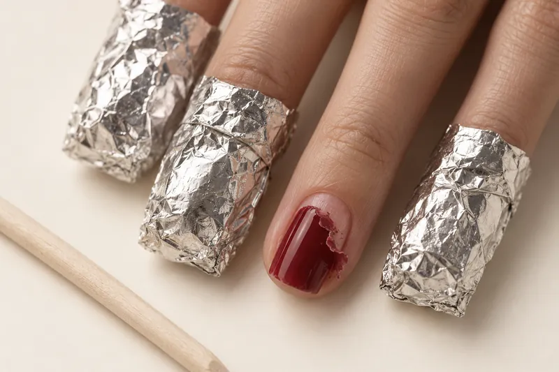 Macro de quatre doigts enveloppés de papillotes d'aluminium, un ongle découvert avec le vernis rouge qui se soulève, bâtonnet de buis posé à côté, fond uni ivoire