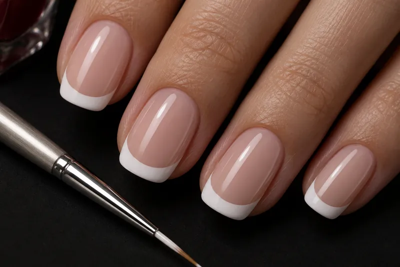 Macro de quatre ongles carrés arrondis en french manucure, base rose nude et sourire blanc net, main posée sur fond uni encre, pinceau french fin posé en diagonale, lumière latérale douce
