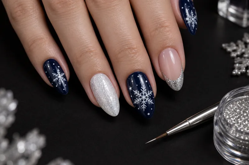 Macro de cinq ongles amande moyens en nail art hiver, fond bleu nuit avec flocons blancs fins, un ongle givré blanc perle, un ongle french paillettes argent, main posée à plat sur fond uni encre, pinceau liner et pot de paillettes à côté, lumière froide douce