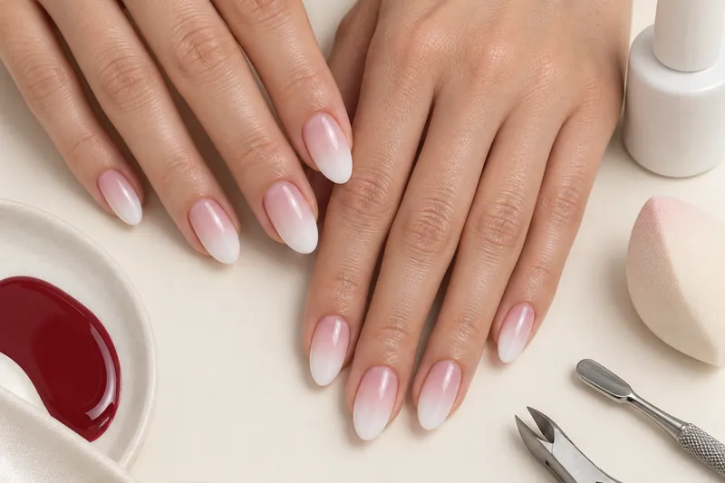 Macro de dix ongles amande moyens en dégradé baby boomer, rose nude à la base fondu vers un blanc laiteux sur le bord libre, mains posées à plat sur fond uni ivoire, éponge et flacon de gel blanc à côté, lumière douce