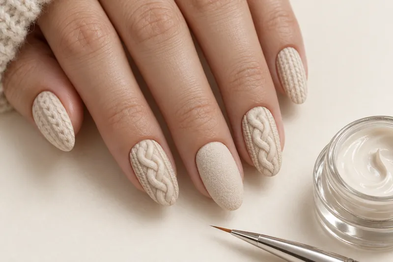 Macro de cinq ongles ovales moyens effet pull beige crème, torsades en relief mat sur deux ongles, poudre velours sur un ongle, main posée à plat sur fond uni ivoire, pot de gel 3D et pinceau liner à côté, lumière douce rasante qui révèle le relief