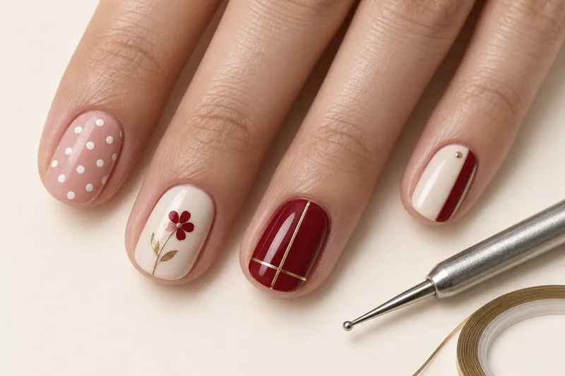 Macro de cinq ongles courts arrondis aux designs simples, pois blancs sur fond rose poudré, petite fleur, lignes dorées au ruban, demi-ongle géométrique, main posée à plat sur fond uni ivoire, dotting tool et rouleau de ruban fin à côté, lumière douce