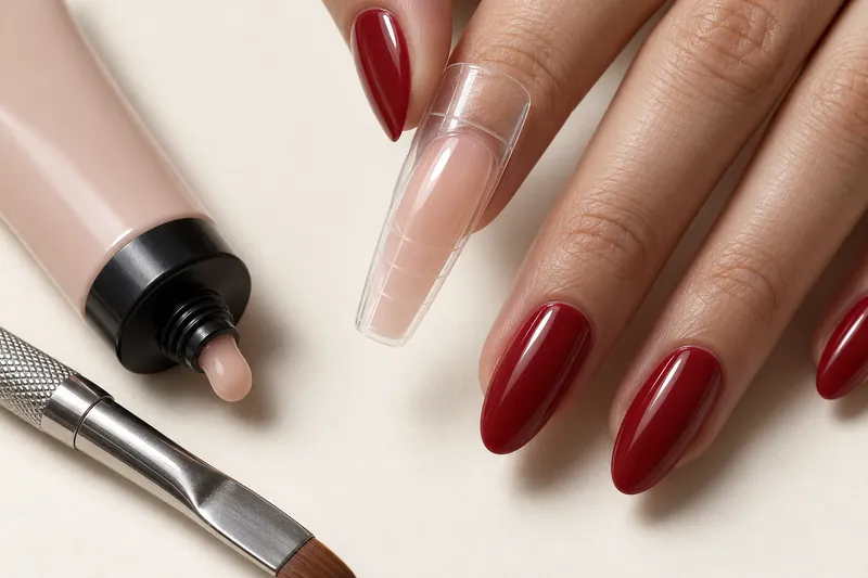 Macro d'une main posée sur fond ivoire, un popit transparent rempli de polygel nude pressé sur l'ongle de l'index, pinceau-spatule et tube de polygel à côté, lumière douce latérale.
