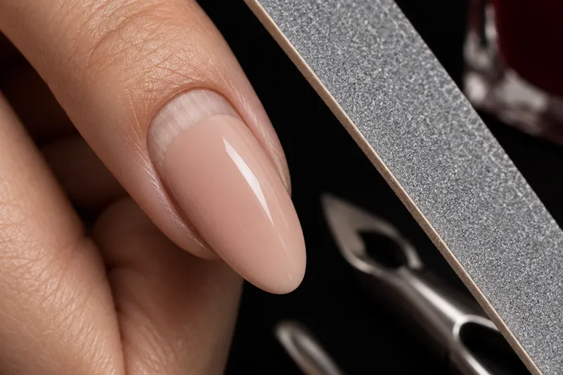 Macro d'un ongle en gel nude avec 3 mm de repousse visible près de la cuticule, lime grain 180 posée en biais, fond uni encre, lumière douce.
